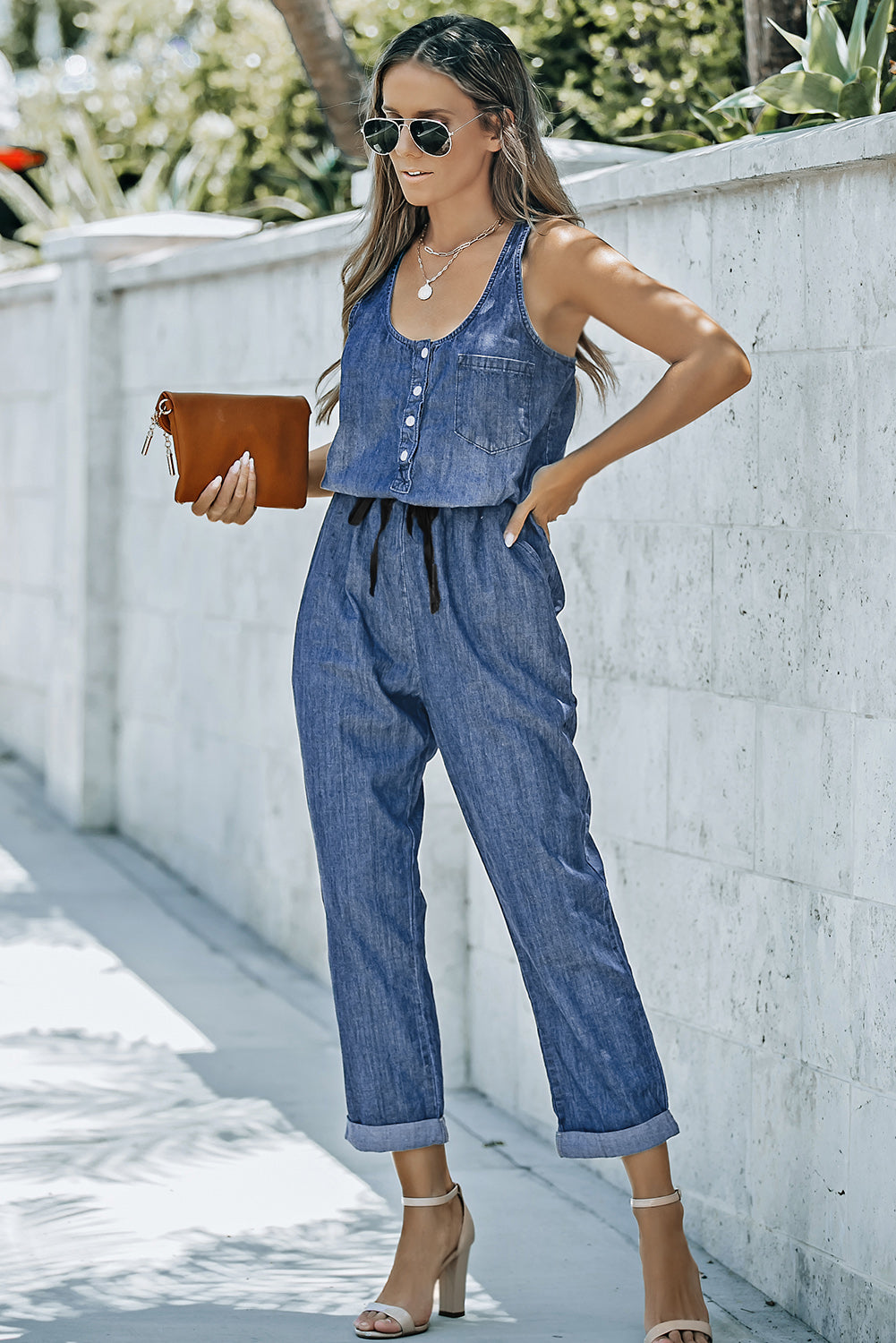 Buttoned Scoop Neck Denim Jumpsuit Print on any thing USA/STOD clothes