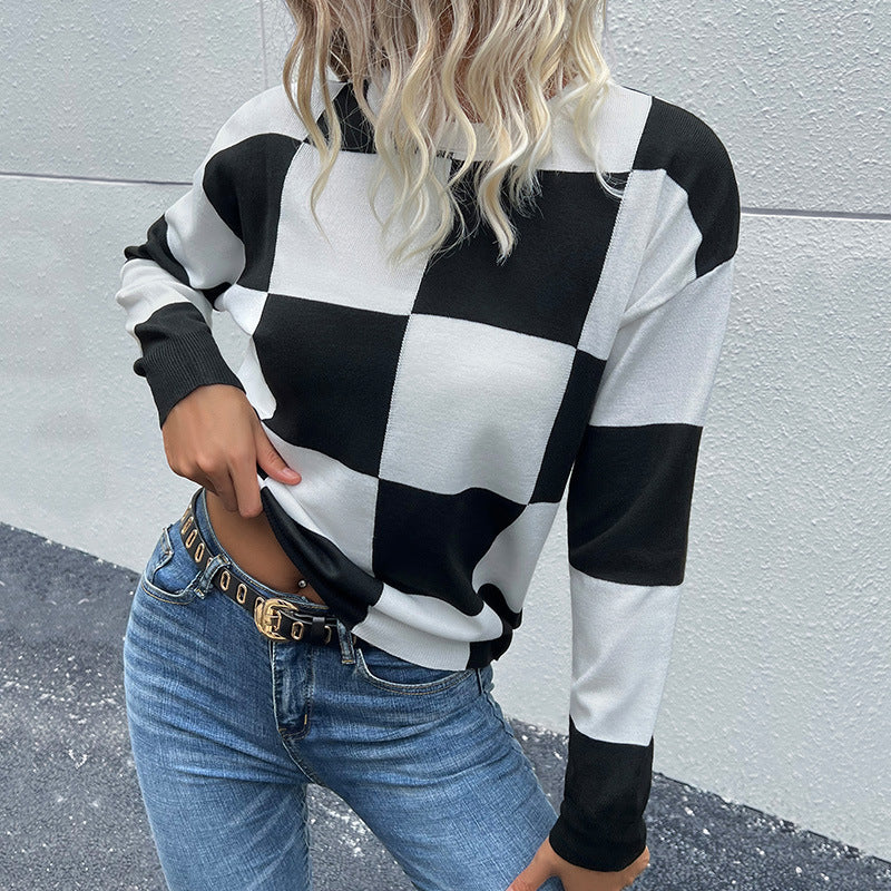 Checkered Dropped Shoulder Knit Pullover Print on any thing USA/STOD clothes