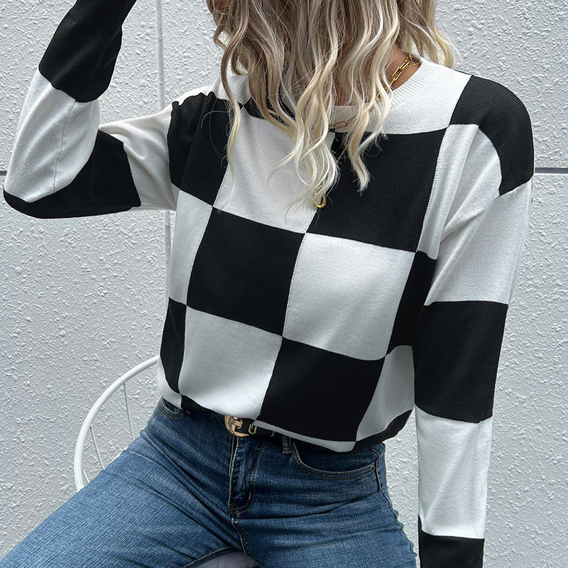 Checkered Dropped Shoulder Knit Pullover Print on any thing USA/STOD clothes