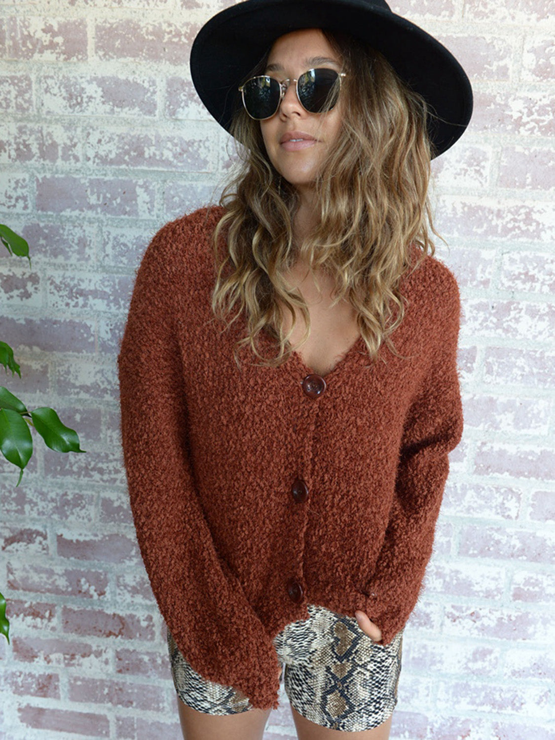 Cropped Button-Up Fuzzy Cardigan Print on any thing USA/STOD clothes