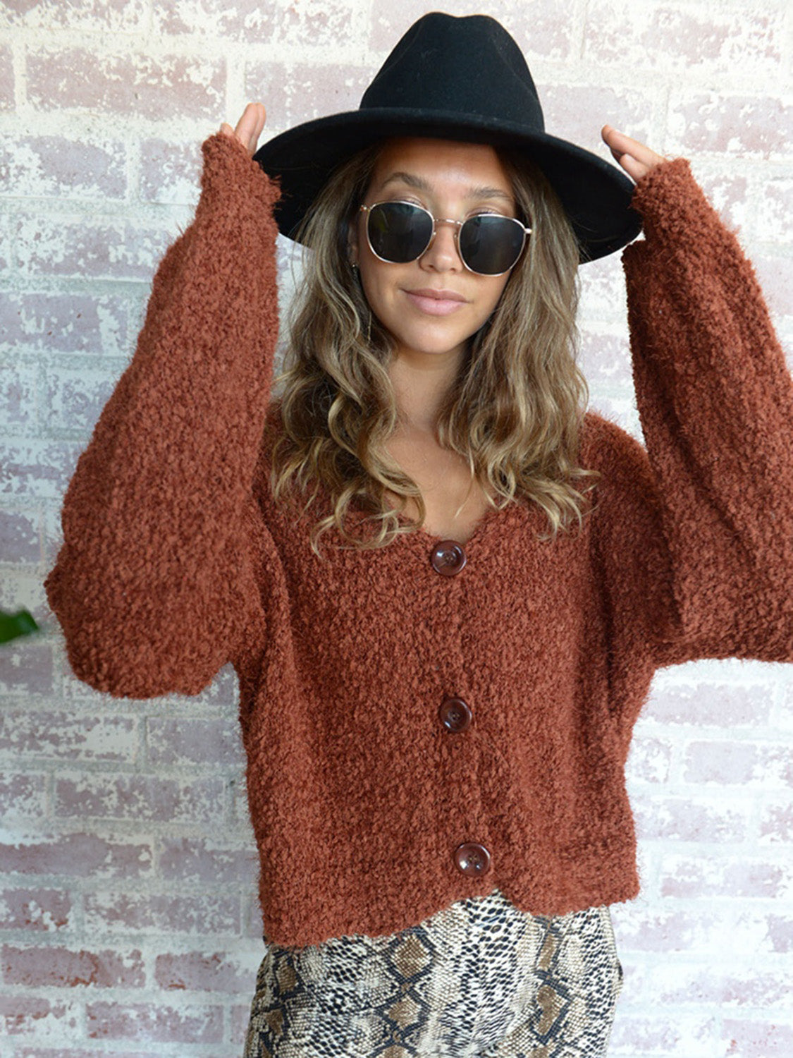 Cropped Button-Up Fuzzy Cardigan Print on any thing USA/STOD clothes