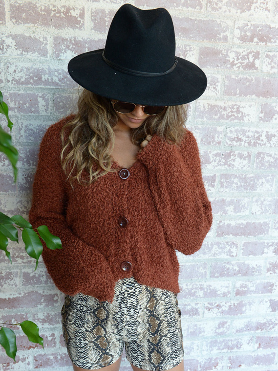 Cropped Button-Up Fuzzy Cardigan Print on any thing USA/STOD clothes