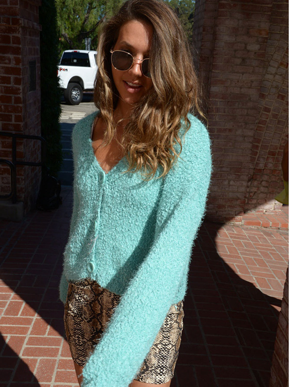 Cropped Button-Up Fuzzy Cardigan Print on any thing USA/STOD clothes