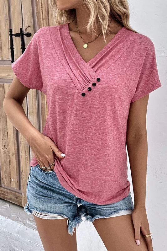 Decorative Button V-Neck Short Sleeve Tee Print on any thing USA/STOD clothes