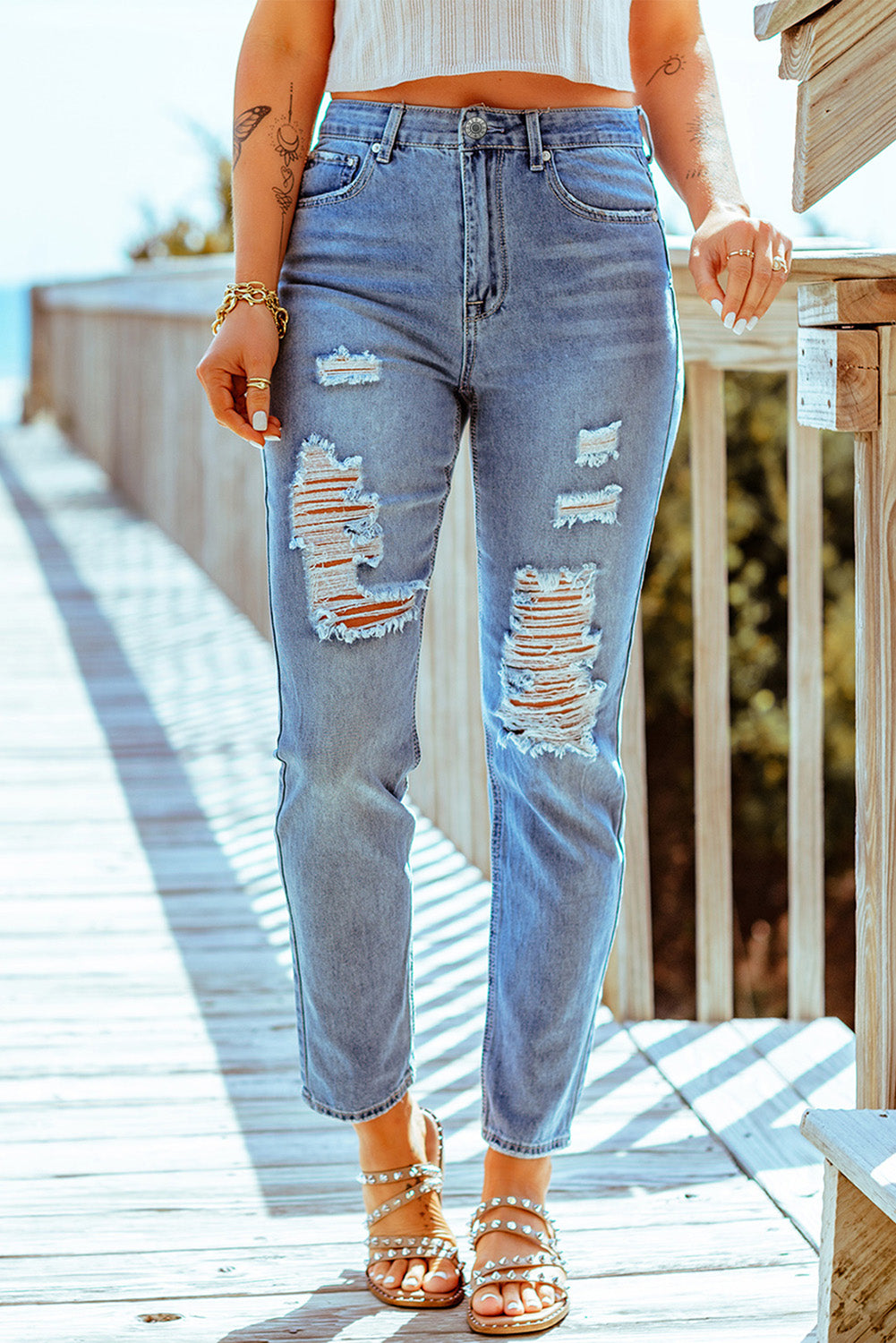 Distressed Ankle-Length Straight Leg Jeans Print on any thing USA/STOD clothes