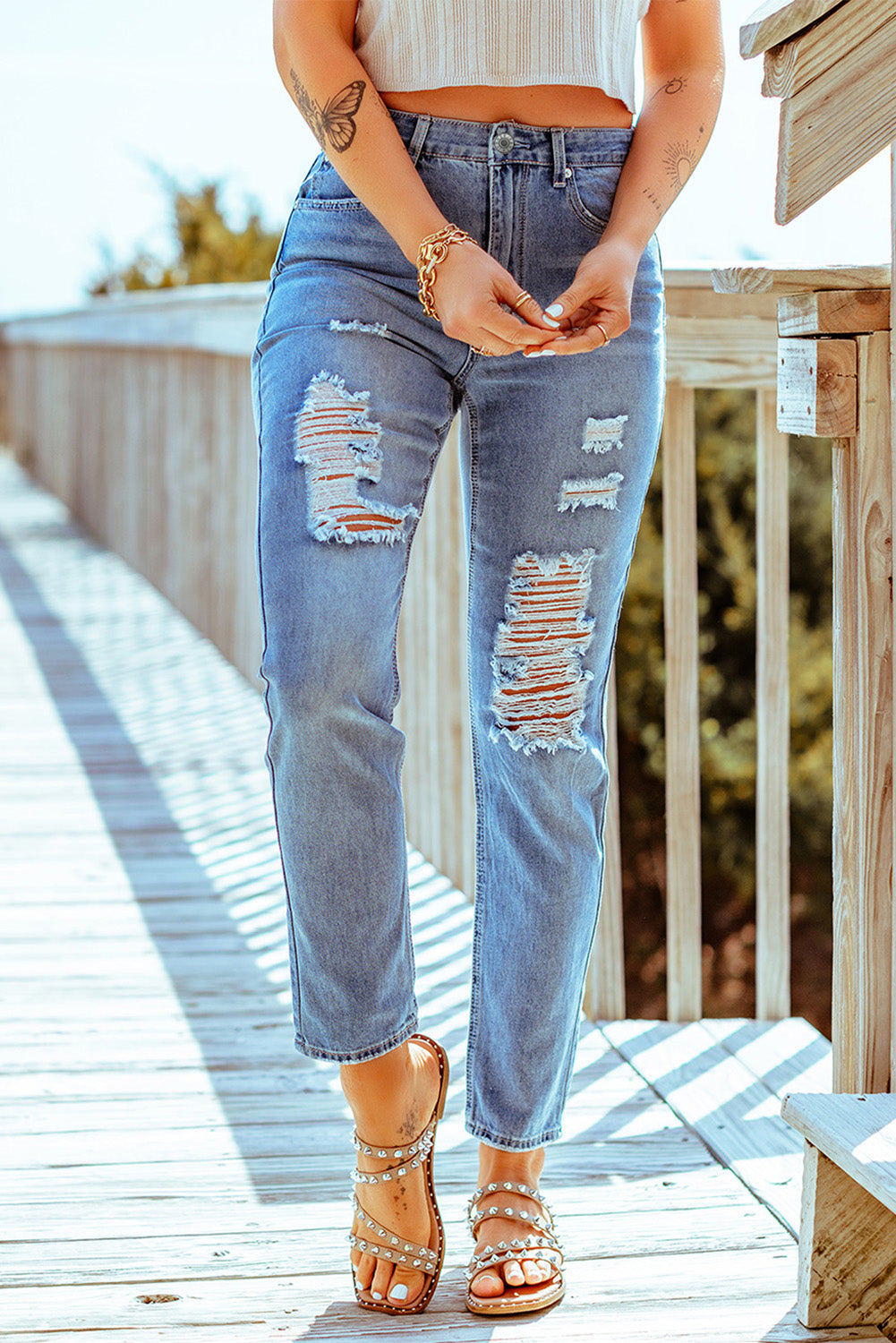 Distressed Ankle-Length Straight Leg Jeans Print on any thing USA/STOD clothes