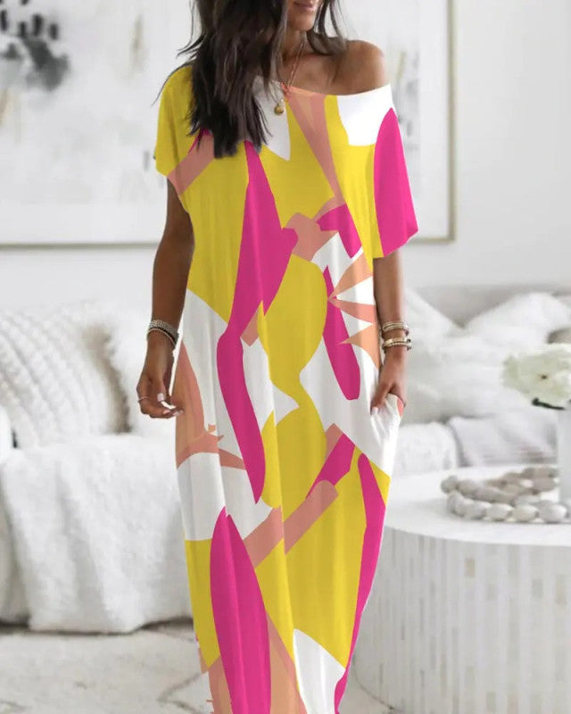 Fashion Round Neck Short Sleeve Geometric Print Loose Long Dress Print on any thing USA/STOD clothes