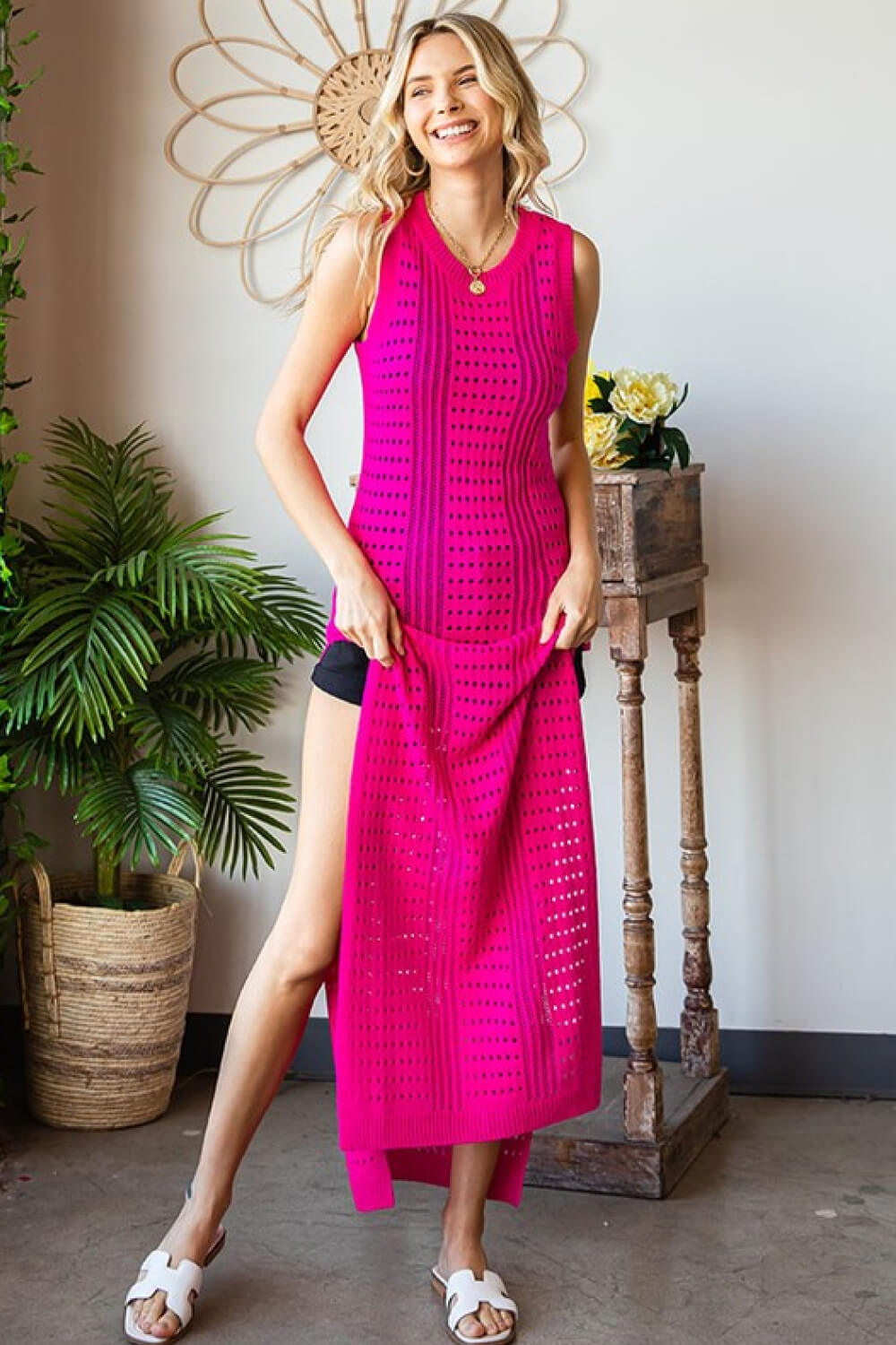 First Love Full Size Openwork Sleeveless Split Dress Print on any thing USA/STOD clothes