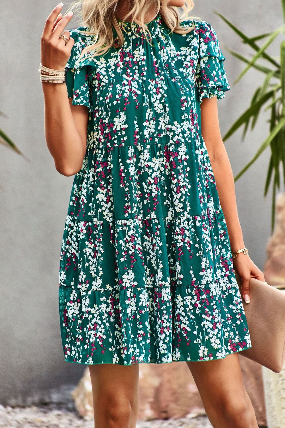 Floral Layered Flutter Sleeve Dress Print on any thing USA/STOD clothes