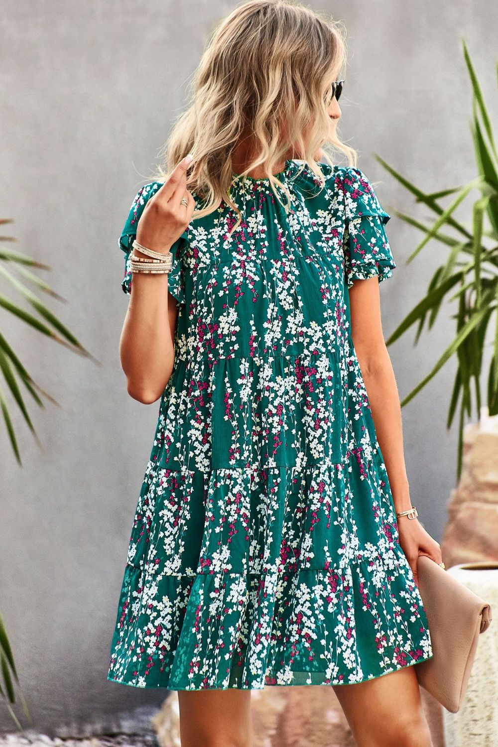 Floral Layered Flutter Sleeve Dress Print on any thing USA/STOD clothes