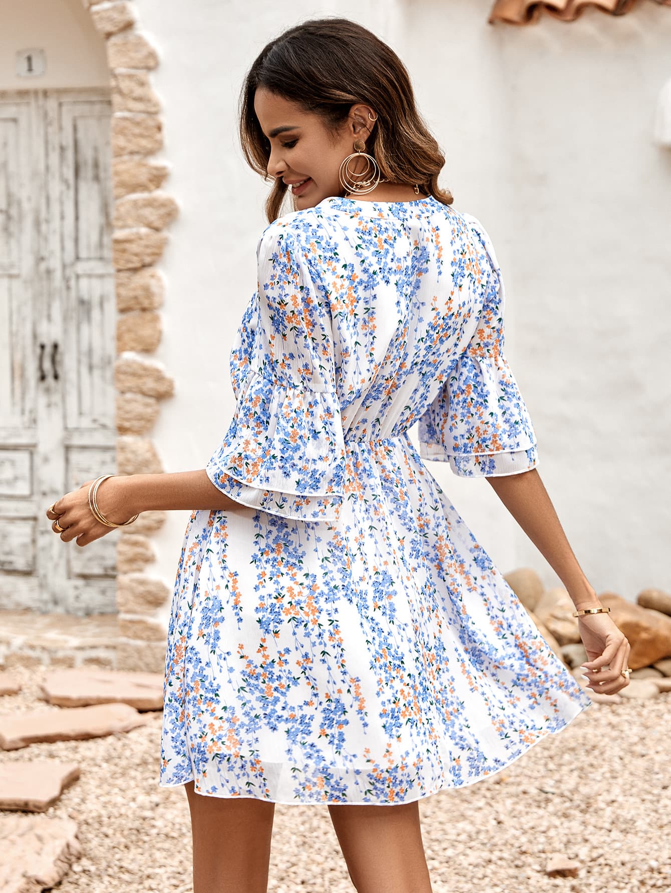 Floral Notched Neck Flounce Sleeve Dress Print on any thing USA/STOD clothes