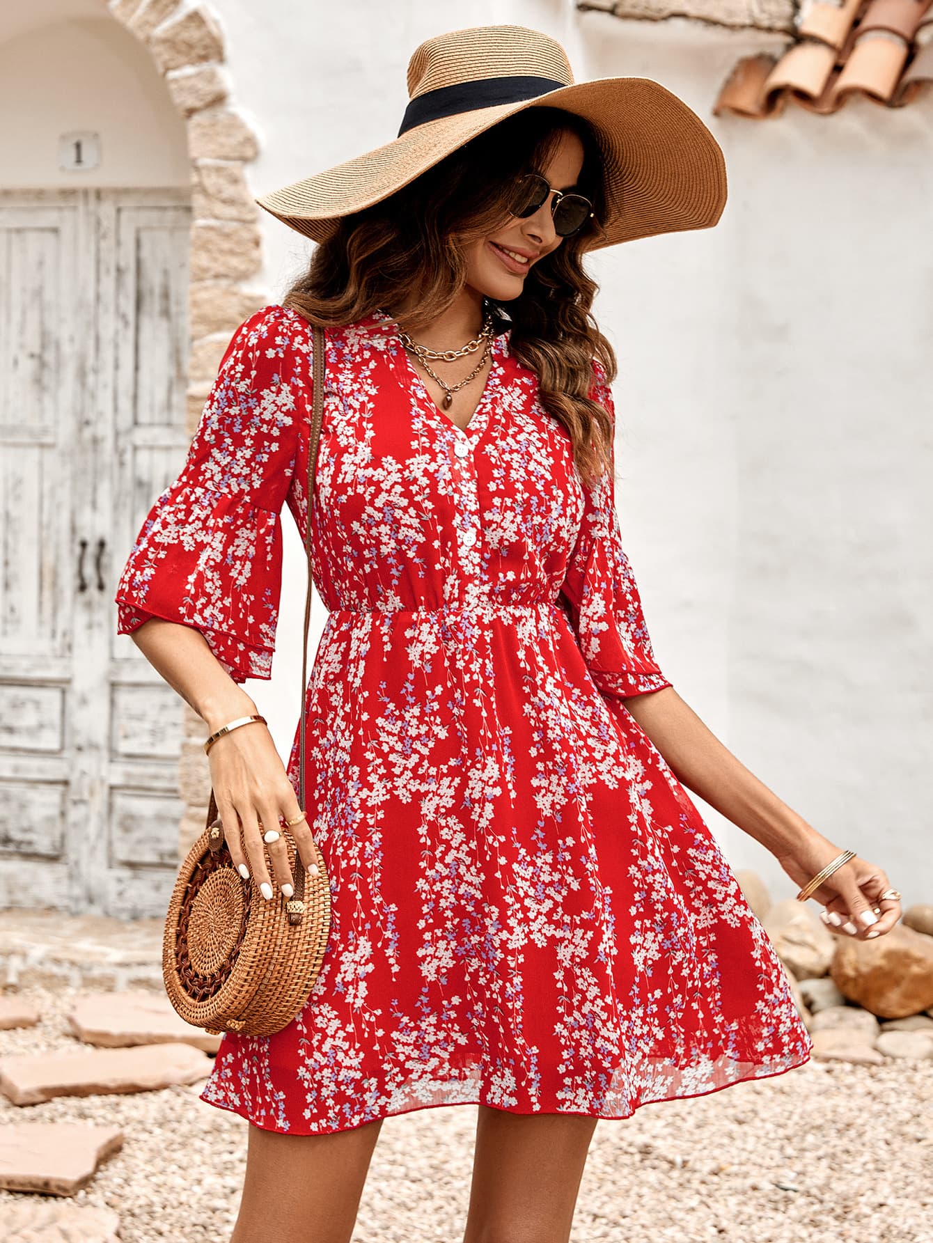 Floral Notched Neck Flounce Sleeve Dress Print on any thing USA/STOD clothes