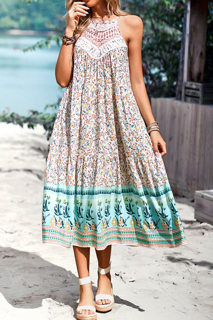 Floral Print Bohemian Style Round Neck Sleeveless Dress Print on any thing USA/STOD clothes