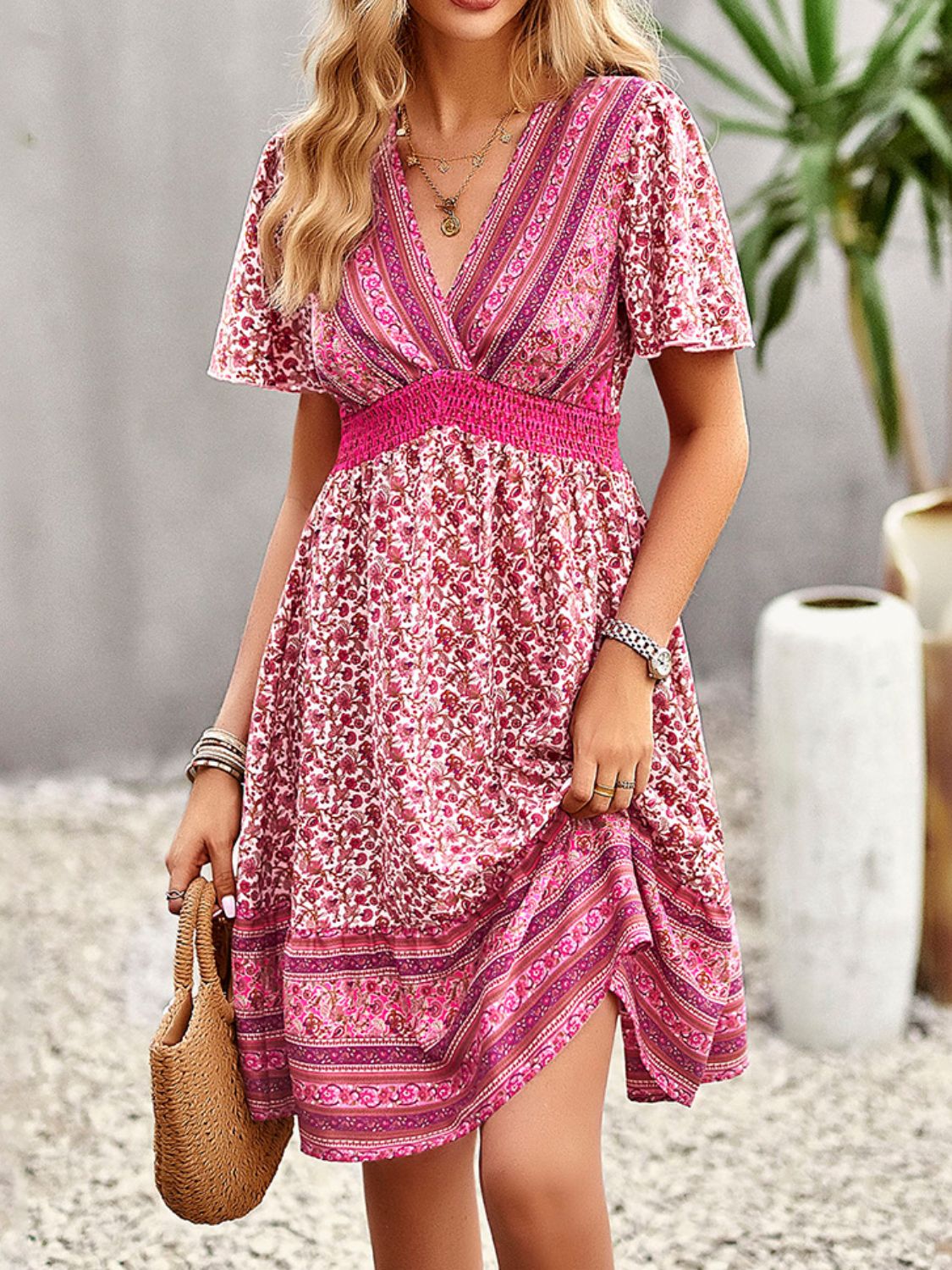 Floral Print Bohemian Style V-Neck Flutter Sleeve Dress Print on any thing USA/STOD clothes