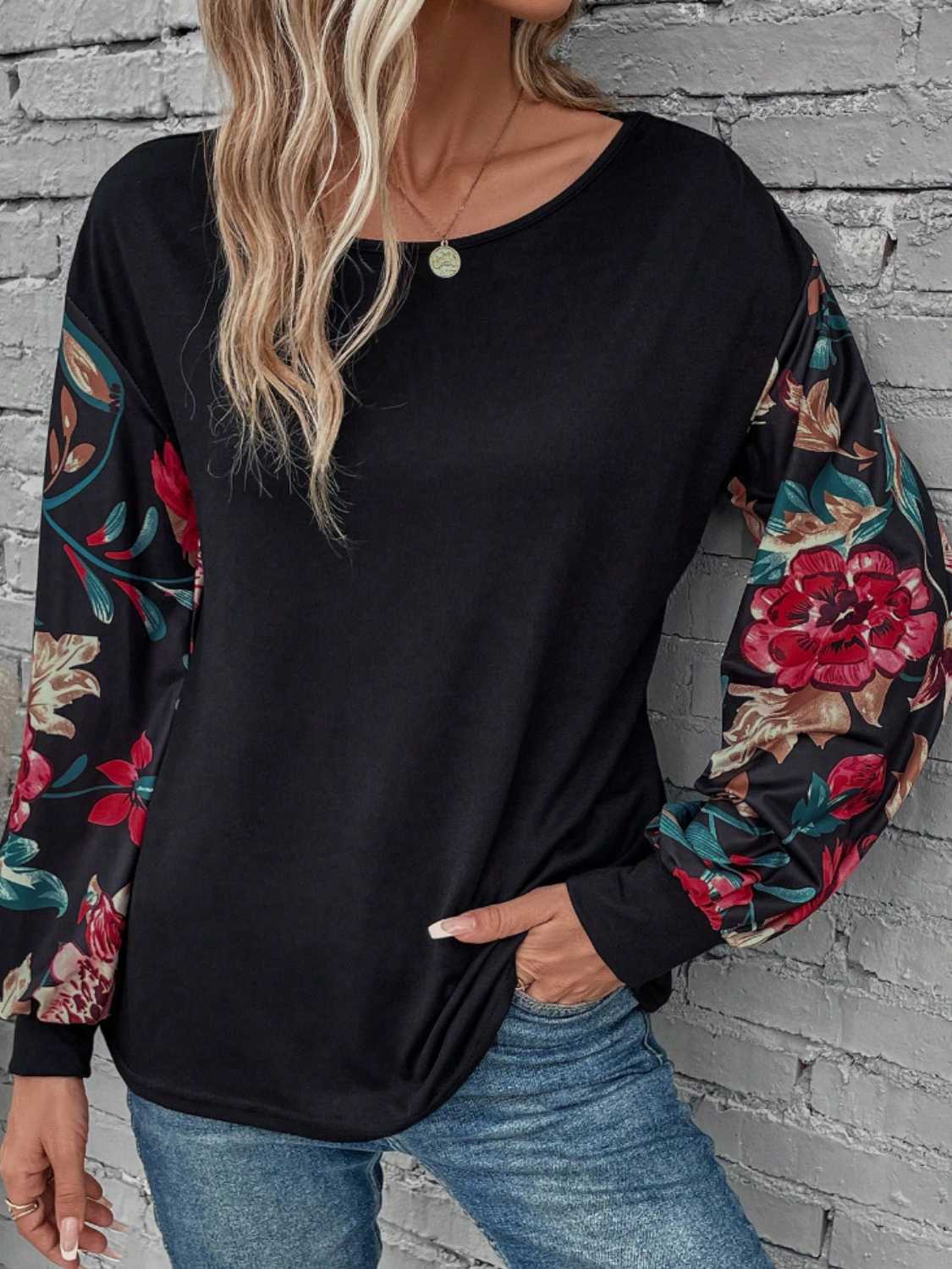 Floral Round Neck Long Sleeve Top Print on any thing USA/STOD clothes
