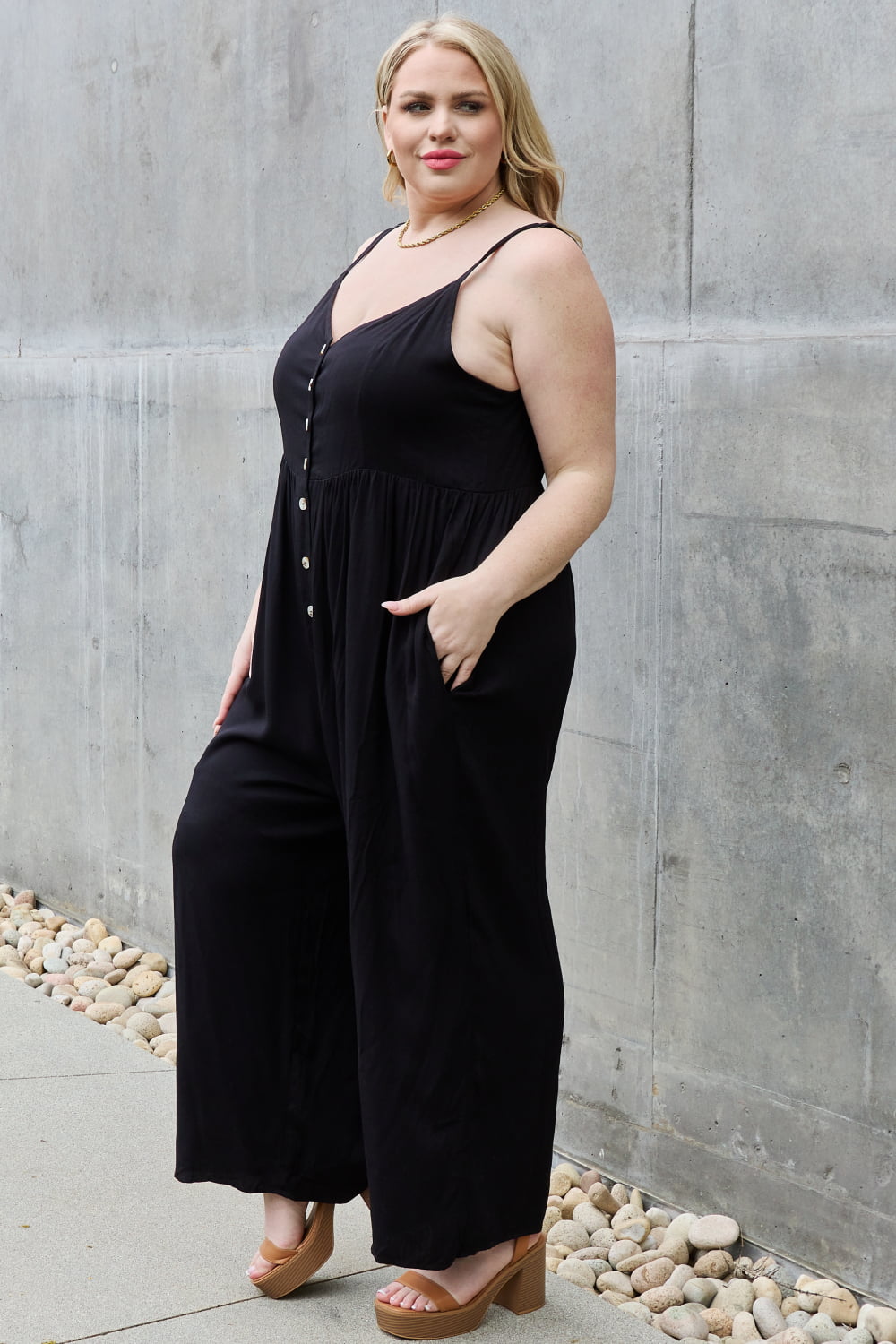 HEYSON All Day Full Size Wide Leg Button Down Jumpsuit in Black Print on any thing USA/STOD clothes