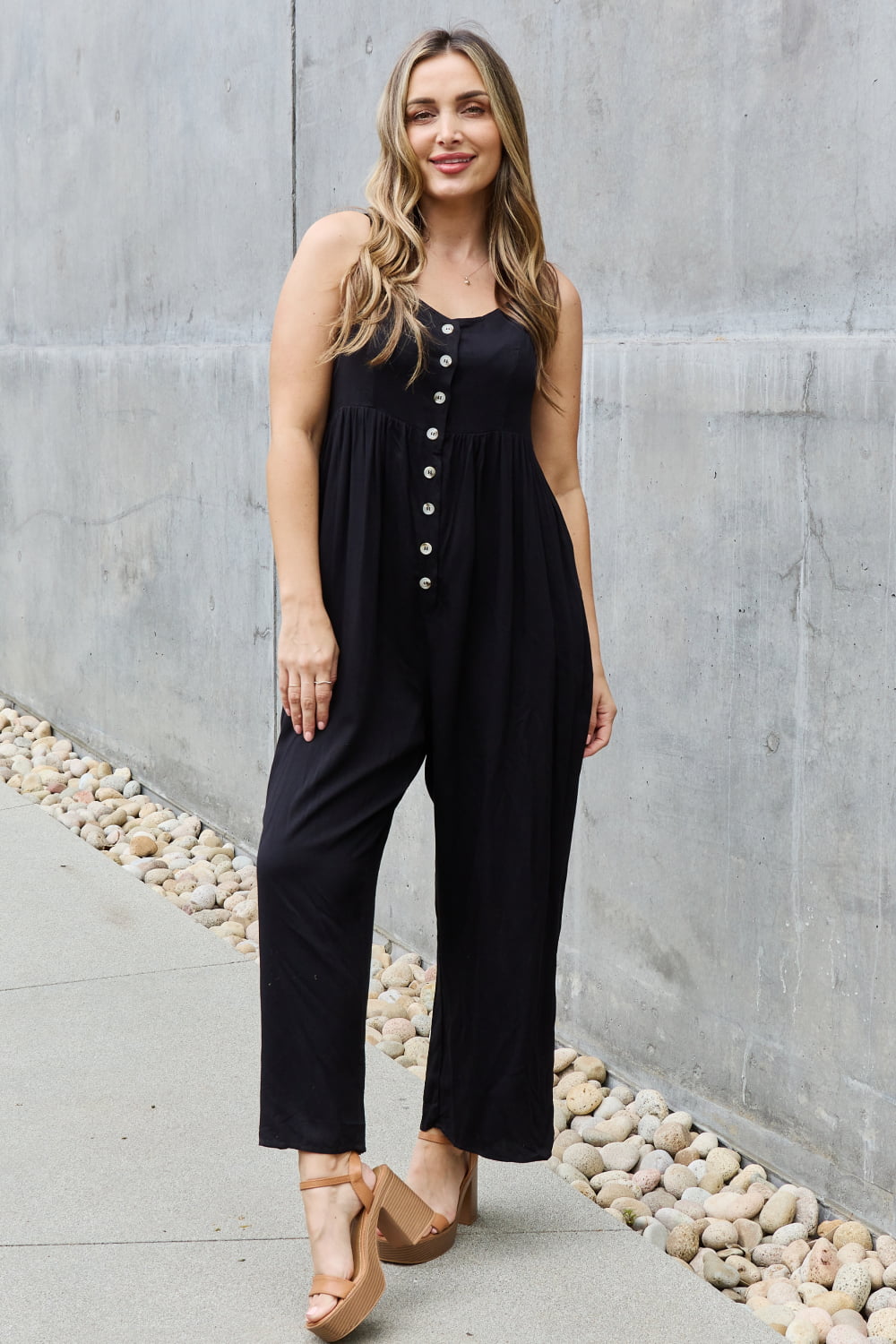 HEYSON All Day Full Size Wide Leg Button Down Jumpsuit in Black Print on any thing USA/STOD clothes