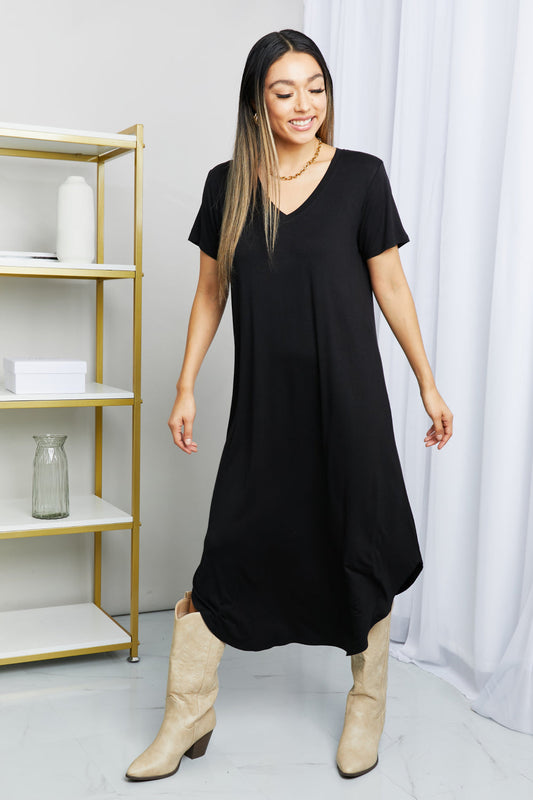 HYFVE V-Neck Short Sleeve Curved Hem Dress in Black Print on any thing USA/STOD clothes
