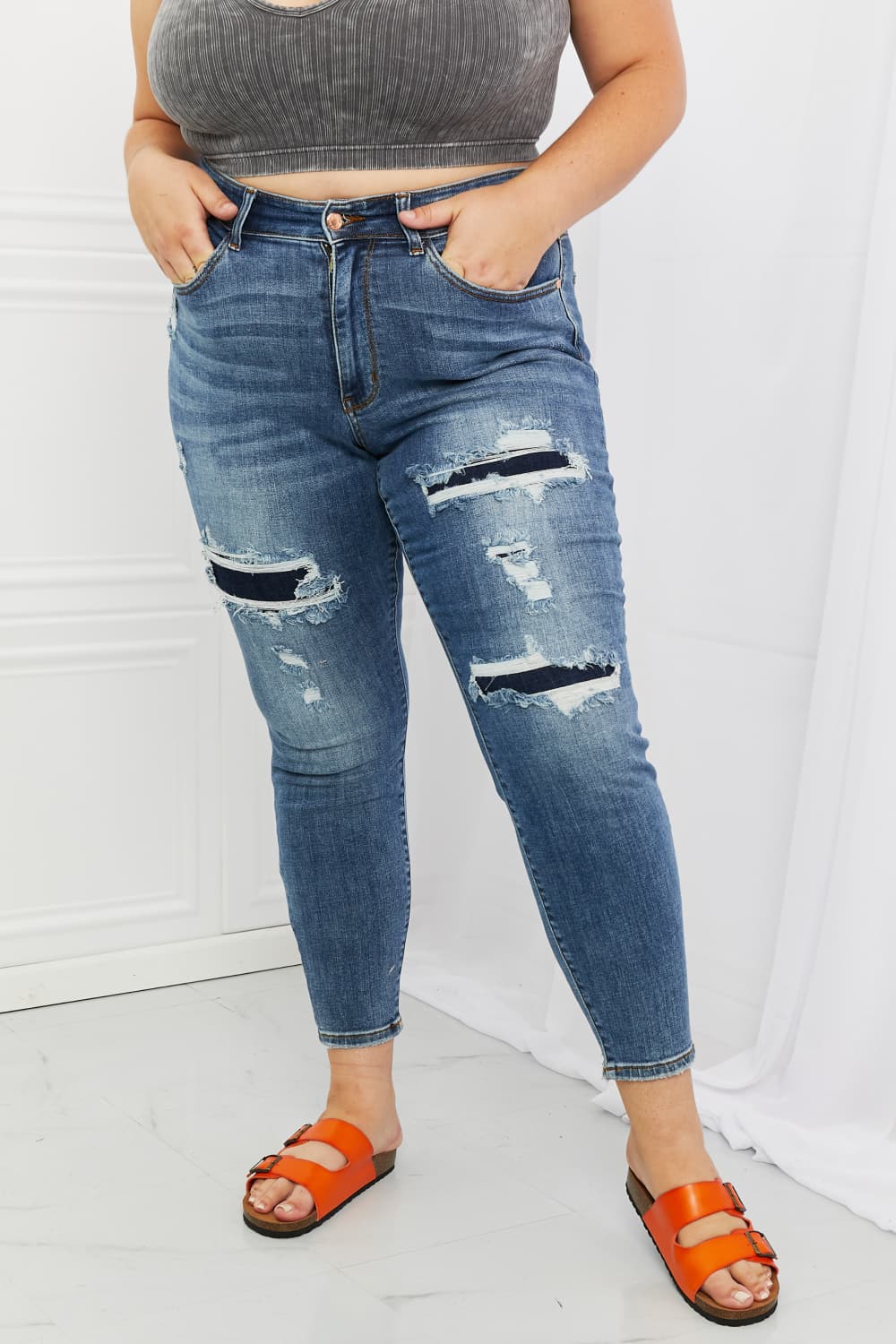 Judy Blue Dahlia Full Size Distressed Patch Jeans Print on any thing USA/STOD clothes