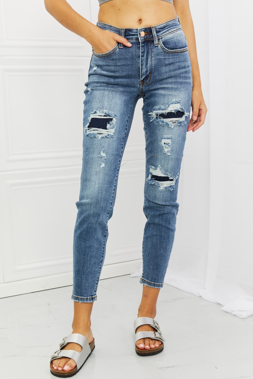 Judy Blue Dahlia Full Size Distressed Patch Jeans Print on any thing USA/STOD clothes
