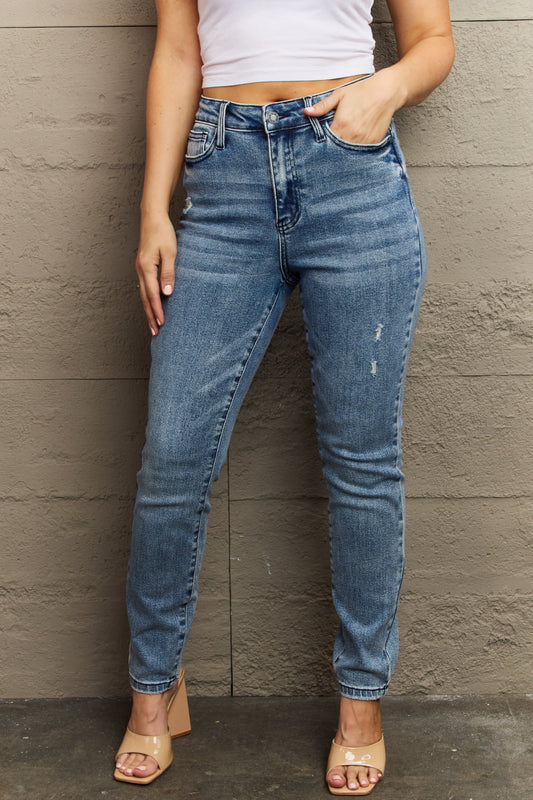 Judy Blue Kayla Full Size High Waist Distressed Slim Jeans Print on any thing USA/STOD clothes