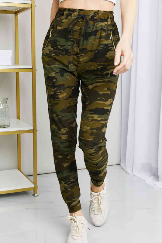 Leggings Depot Full Size Camouflage Drawstring Waist Zipper Detail Joggers Print on any thing USA/STOD clothes