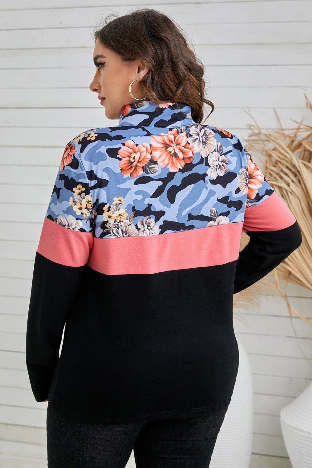 Plus Size Floral Color Block Quarter Zip Top Print on any thing USA