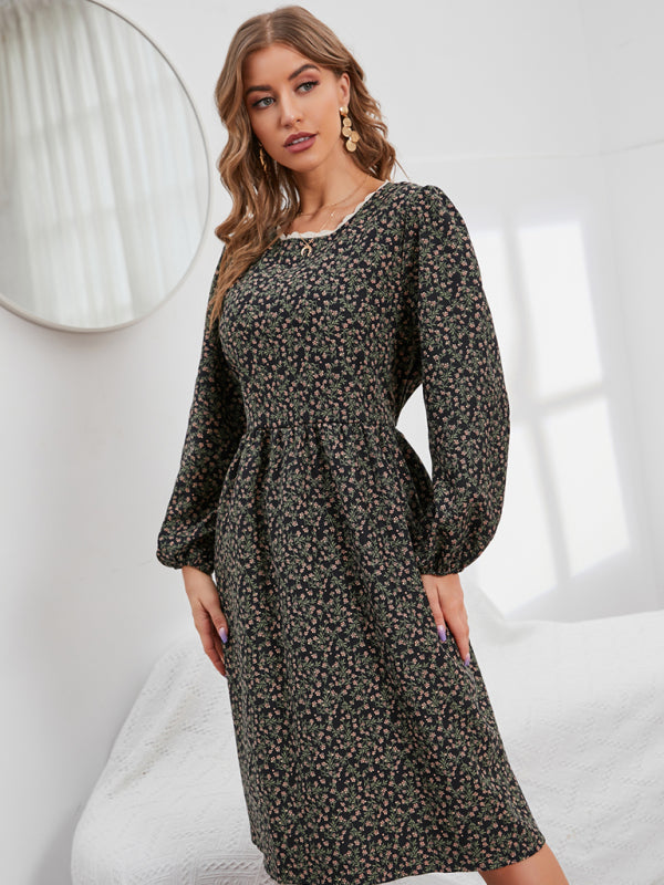 Women’s Floral Mid Length Dress With Lace Collar Print on any thing USA