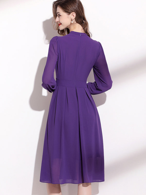 Women's Round Neck Long Sleeve Nipped Waist Chiffon Dress Print on any thing USA