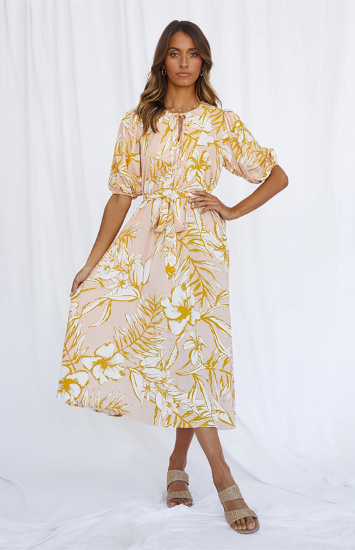 Women's Short Sleeve Tie Print Maxi Dress Print on any thing USA