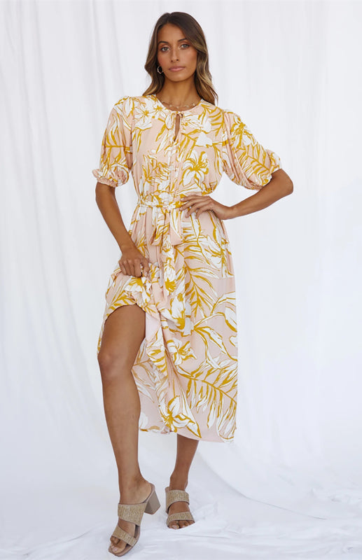 Women's Short Sleeve Tie Print Maxi Dress Print on any thing USA