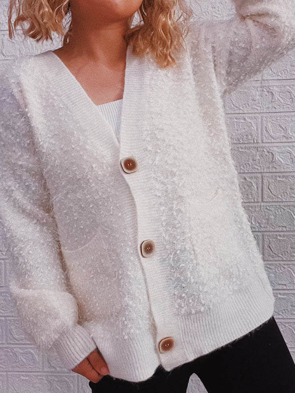 Women's Textured Fuzzy Knit Oversize Button Up Cardigan With Ribbed Hem And Front Pockets Print on any thing USA