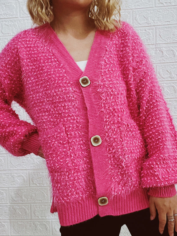 Women's Textured Fuzzy Knit Oversize Button Up Cardigan With Ribbed Hem And Front Pockets Print on any thing USA