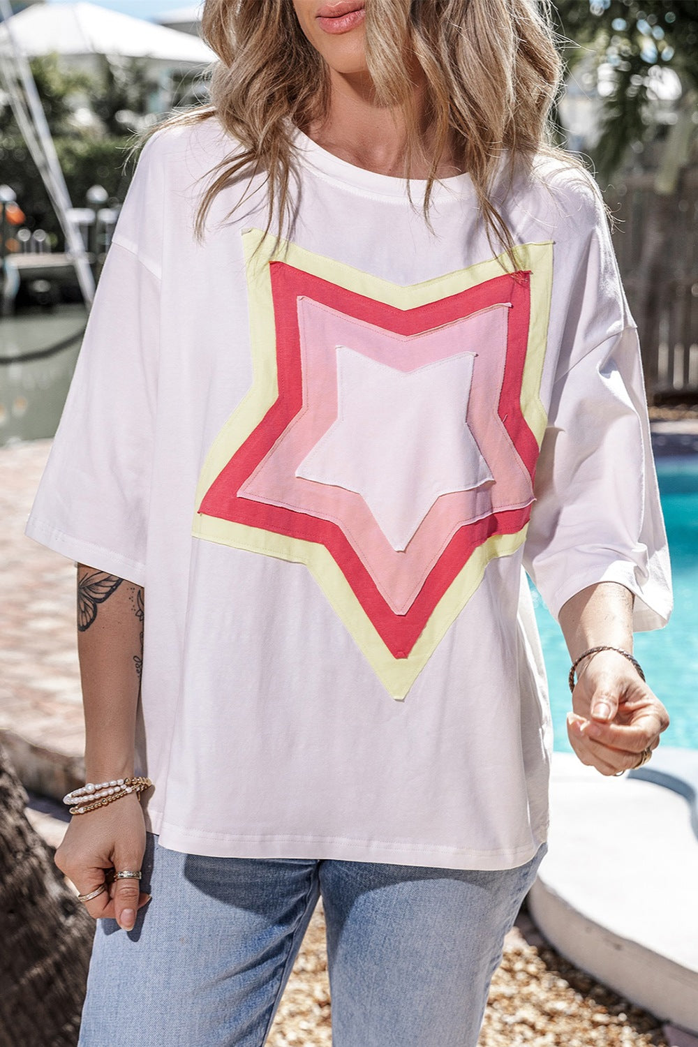 Star Round Neck Dropped Shoulder T-Shirt