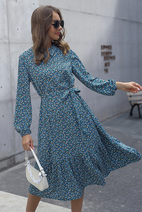 Women's half turtleneck waisted floral dress