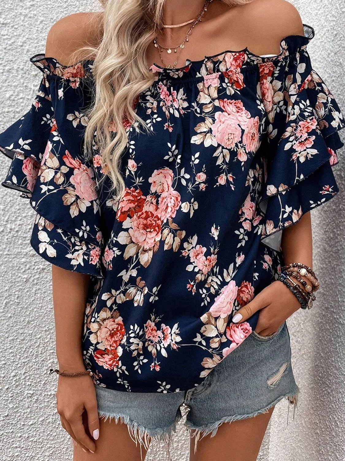 Printed Off-Shoulder Flounce Sleeve Blouse