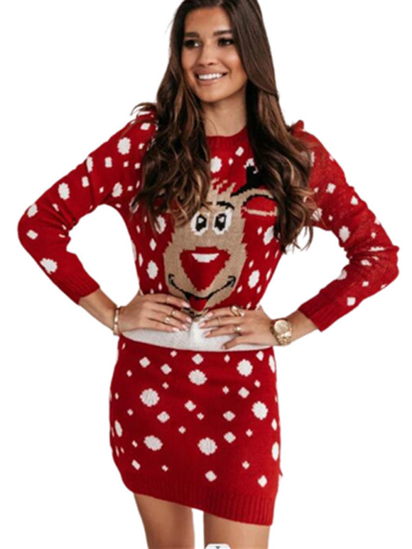 Women's Christmas Elk Jacquard Sweater Long Sleeve Dress