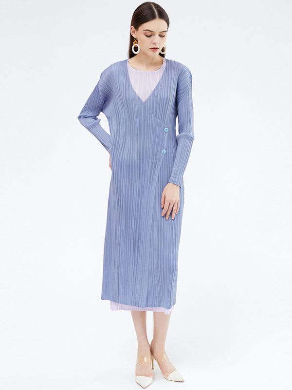 Women’s Chic Ribbed Long Sleeve Wrap Dress With Buttoned Hip