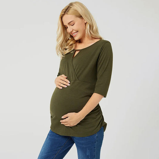Maternity dress breast-feeding solid color short sleeve shirt