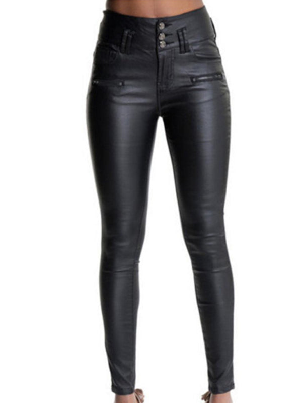 Women’s Faux Leather Exposed Button Closures At Front Belt Loops High Rise Skinny Pants