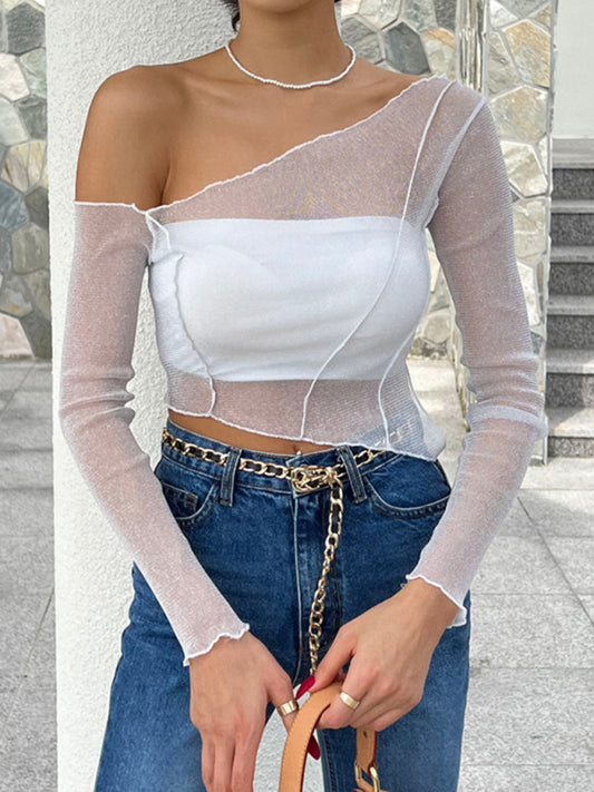 Women's oblique shoulder long-sleeved mesh see-through crop top