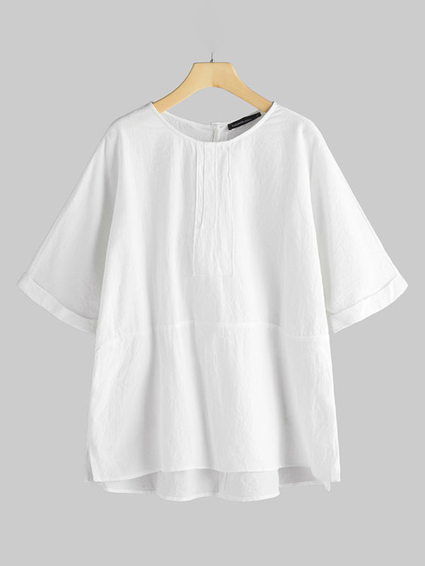 Women's Cotton Linen Back Fork Five Quarter Sleeves Casual Loose Top