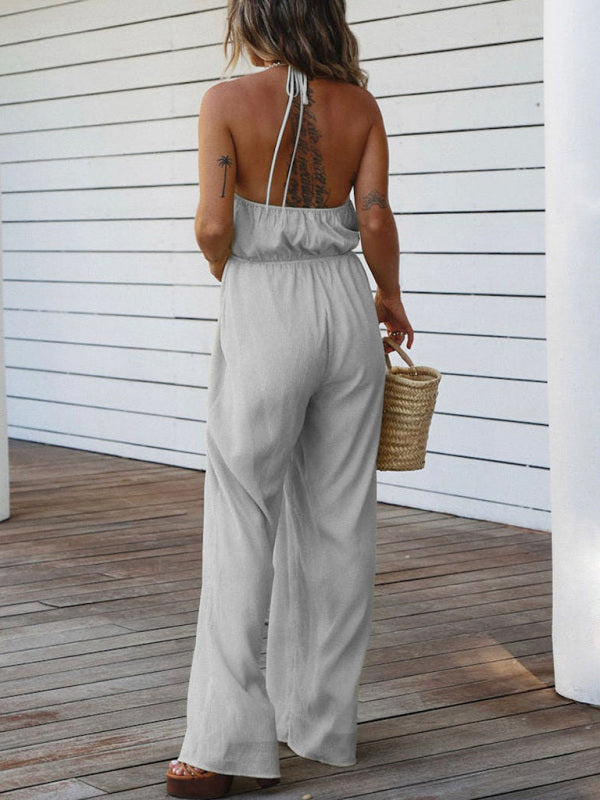 Spring and summer sexy backless halter neck wrap chest wide-leg flared jumpsuit