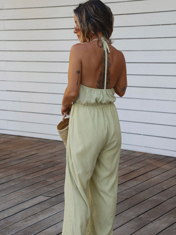 Spring and summer sexy backless halter neck wrap chest wide-leg flared jumpsuit