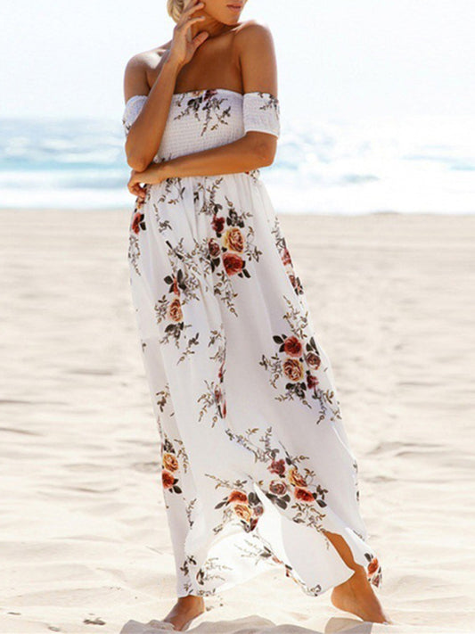 Women's floral printed strapless chiffon slit dress