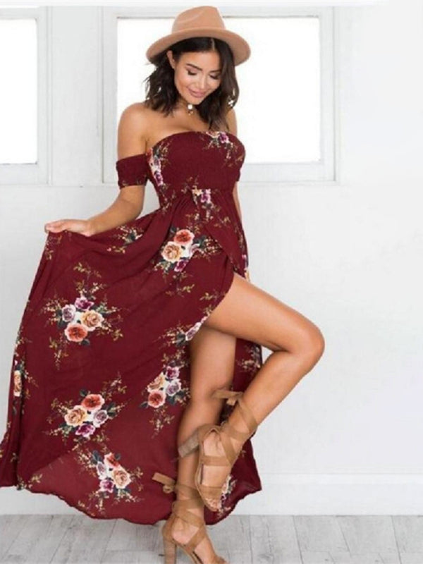 Women's floral printed strapless chiffon slit dress