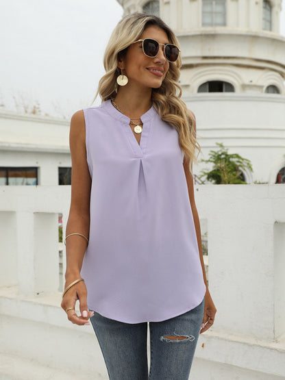 Women's Solid Color Chiffon Shirt Loose V Neck Pullover Sleeveless Top