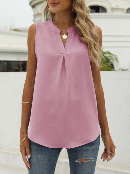Women's Solid Color Chiffon Shirt Loose V Neck Pullover Sleeveless Top