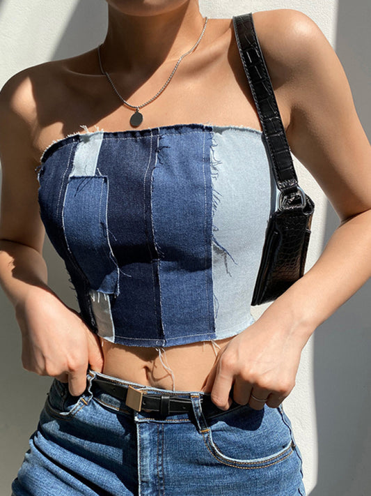 Denim Stitching Contrast Color Bandage Wrapped Top