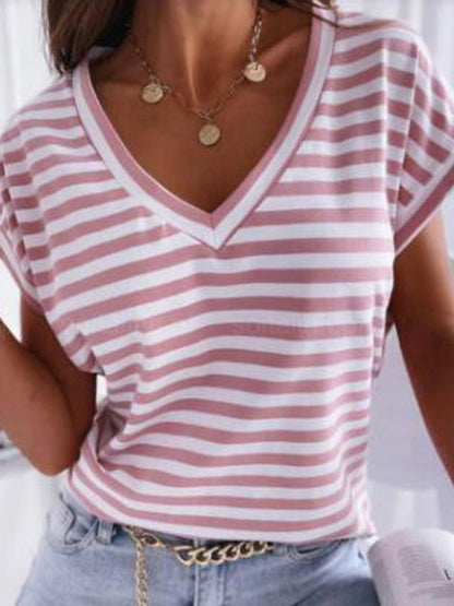 Women's Casual Striped V-Neck Short Sleeve T-Shirt